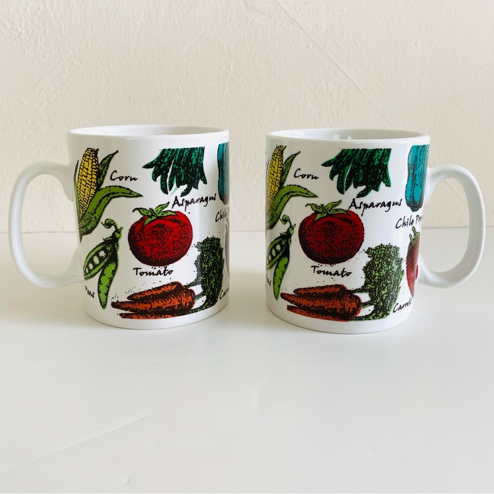 Vintage 70s / 80s Jumbo Soup Mug Chili Oversized Vegetables Ceramic Set of 2